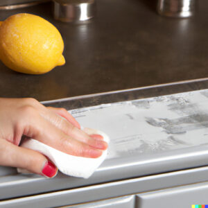 a hand cleaning kitchen cabinet with Baking soda and Lemon