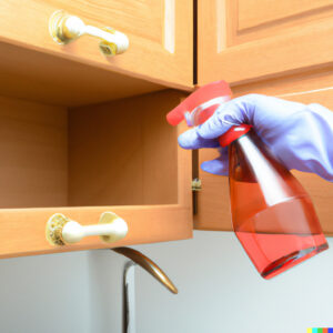 hand cleaning kitchen cabinet with vinegar solution