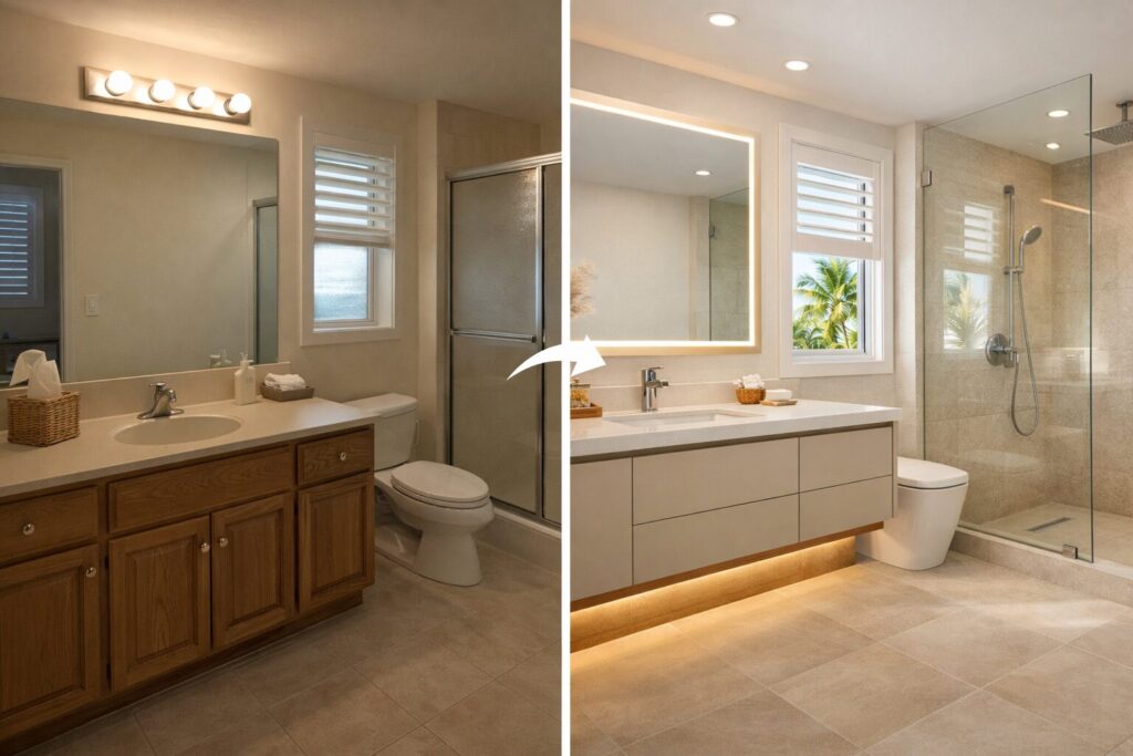 Modern bathroom remodeling in the Bahamas with floating vanity