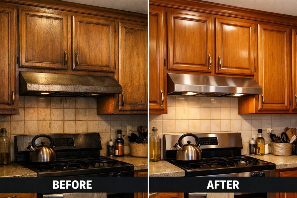 before and after cleaning kitchen cabinets grease removal